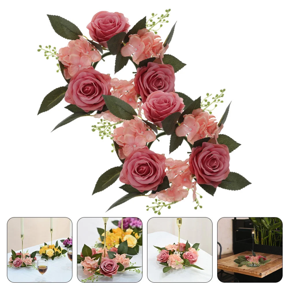 3Pcs Candle Rings Wreaths Artificial Rose Flower Candle Ring for Wedding Table Party Home Decor