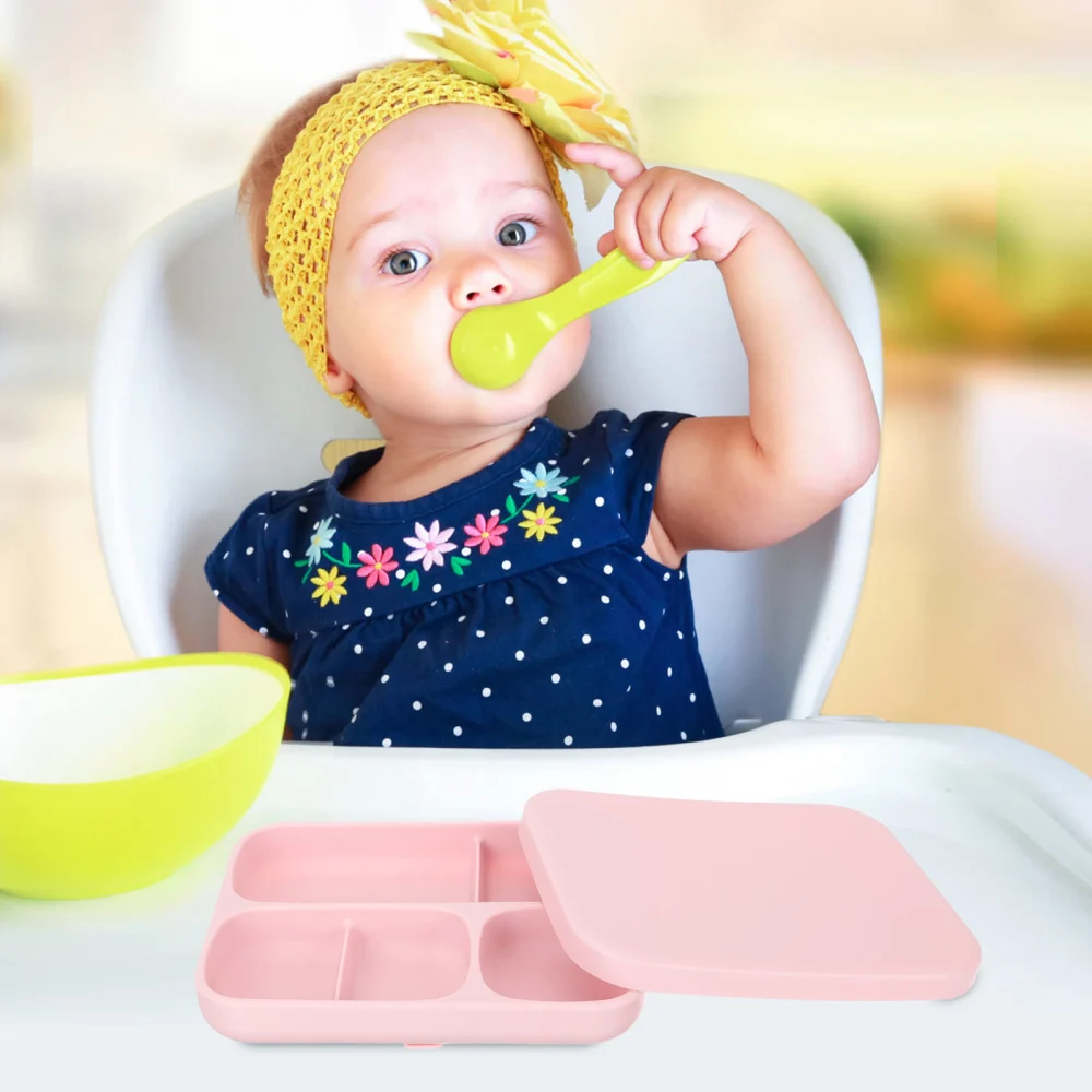 Food Plate Toddler Food Divider Tray Silicone Snack Fruit Serving Plate with Lid