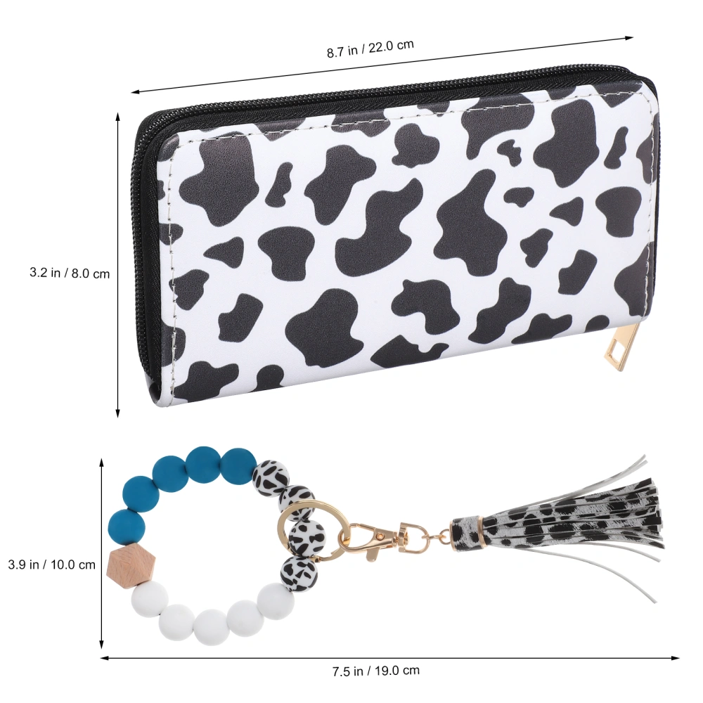 Cow Print Wallet PU Leather Purse Fashion Cow Pattern Wallet Cash Wallet Card Holder with Beaded Tassel Bangle Wristlet Keychain