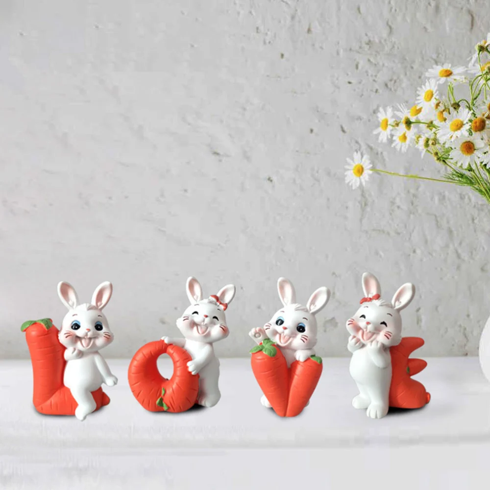 4pcs Mini Rabbit Figurine Resin Bunny with Carrot Figurine Zodiac Rabbit Decoration