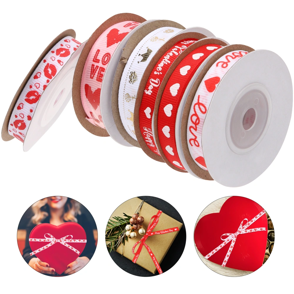 6 Rolls of Lovely Valentines Day Theme Ribbon Delicate Heart Pattern Gift Box Wrapping Ribbon