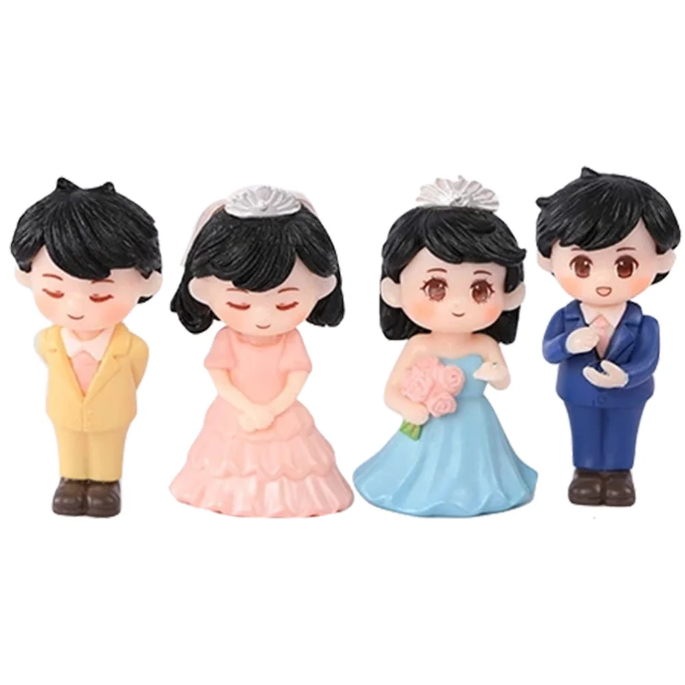 2 Pairs of Wedding Couple Statues Cartoon Couple Figure Romantic Bride Groom Statues