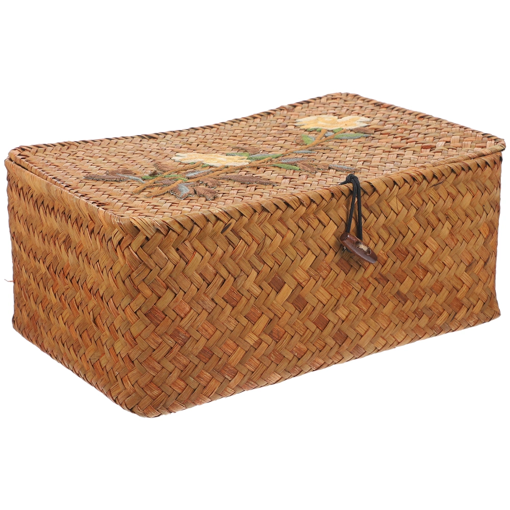 Rustic Household Woven Basket Desktop Storage Box With Lid Decorative Straw Braid Gift Box