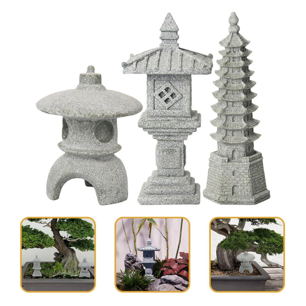 3pcs Pagoda Statue Pavilion Statue Small Garden Pagoda Decor Bonsai Miniature Pavilion