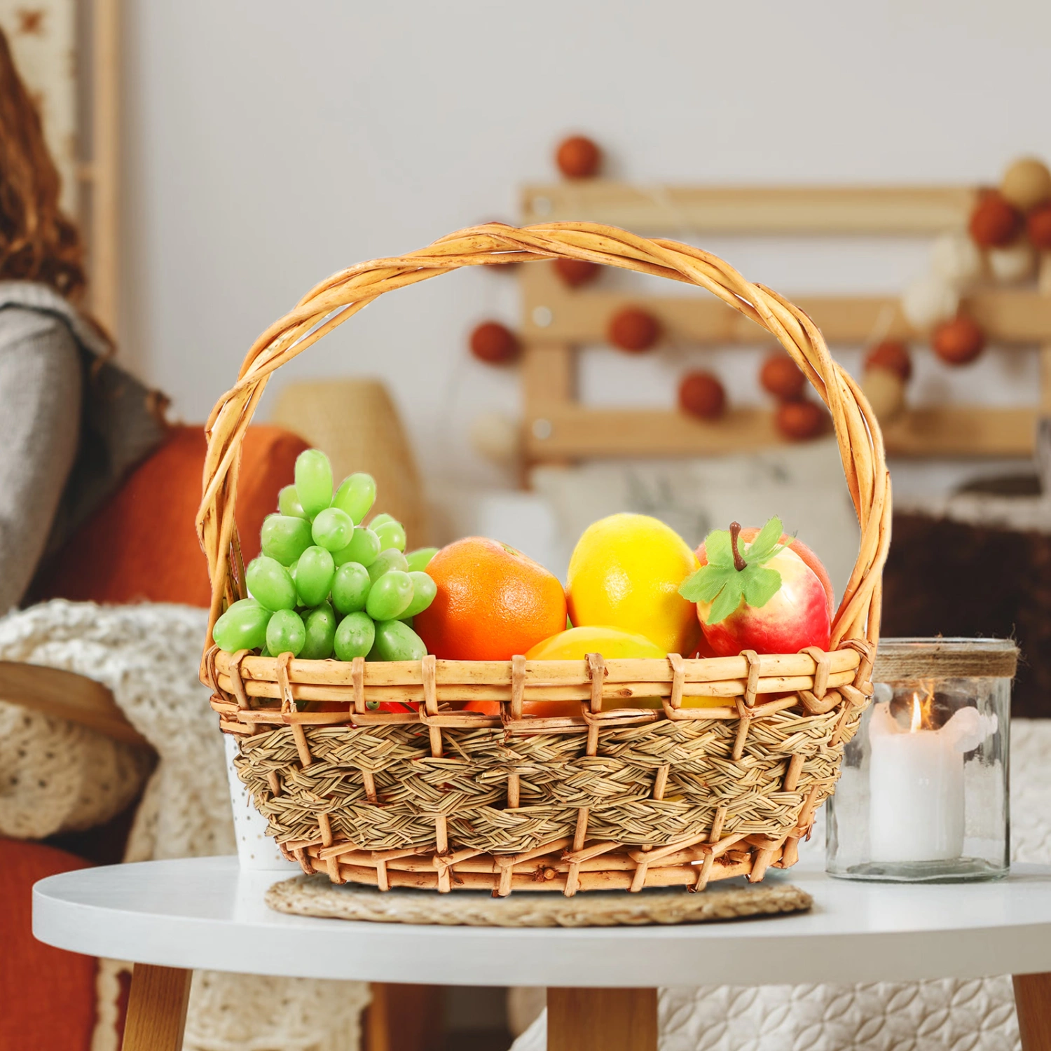 Wicker Basket with Handle Hand Woven Storage Basket Wicker Flower Basket