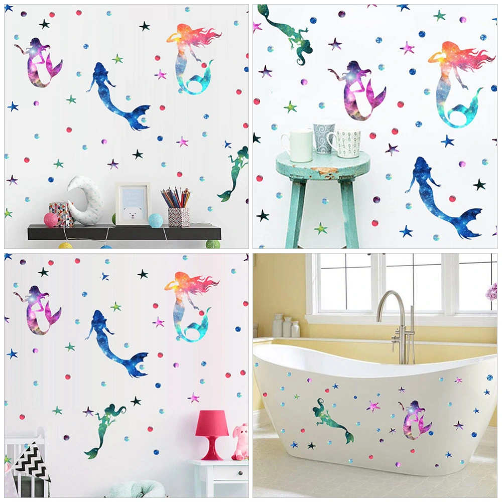 2 Sheets Reflective Mermaid Wall Stickers Cartoon Ocean Underwater Wall Decals