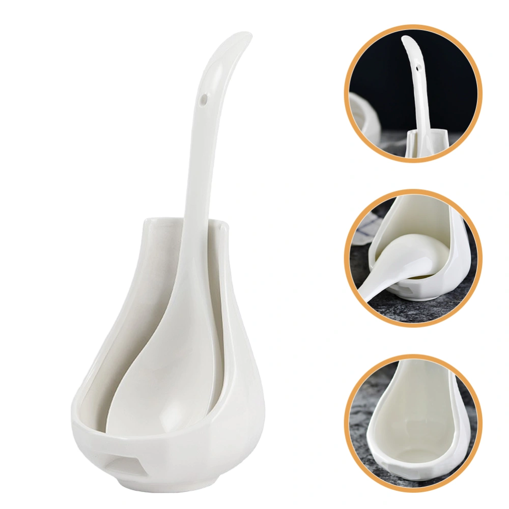 1 Set Ceramic Large Soup Spoon Ceramic Rice Spoon Porridge Spoon With Spoon Rest