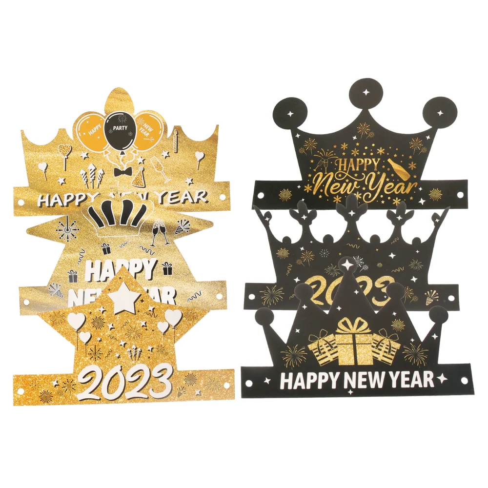 12sets  Happy New Year Crowns Hats Adults Kids New Year Paper Caps Adjustable Paper Hats