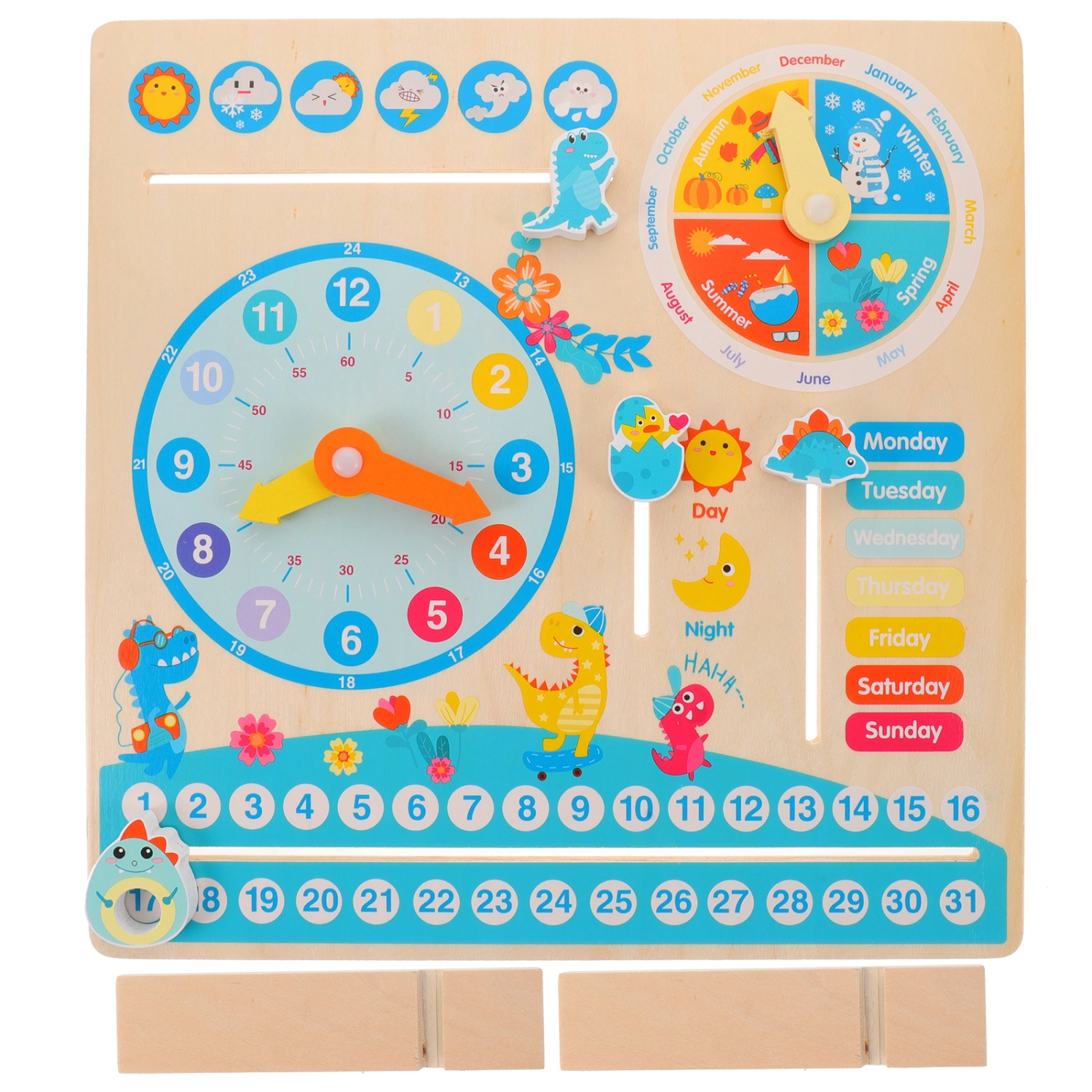 Cartoon Dinosaur Clock Toy Children Clock Toy Wooden Time Weather Season Cognition Clock Plaything