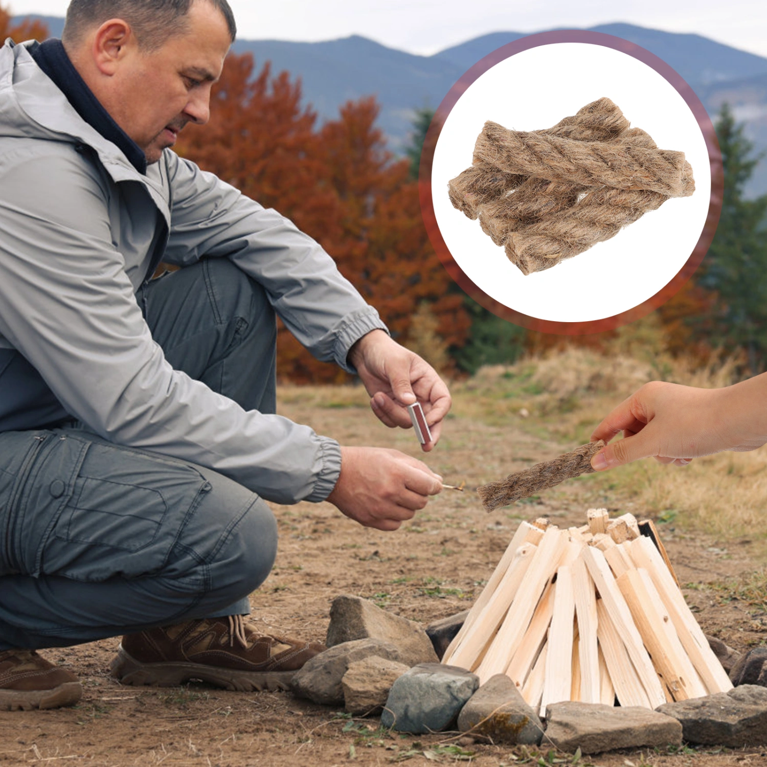 8Pcs Camping Fire Ropes Convenient Fire Starters Portable Hemp Ropes Outdoor Accessory