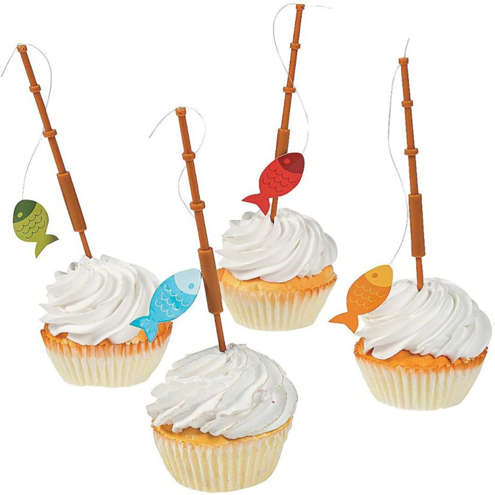 12Pcs Fishing Rod Toppers Cupcake Toppers Mini Fishing Pole Decors Cocktail Fishing Rod Toppers