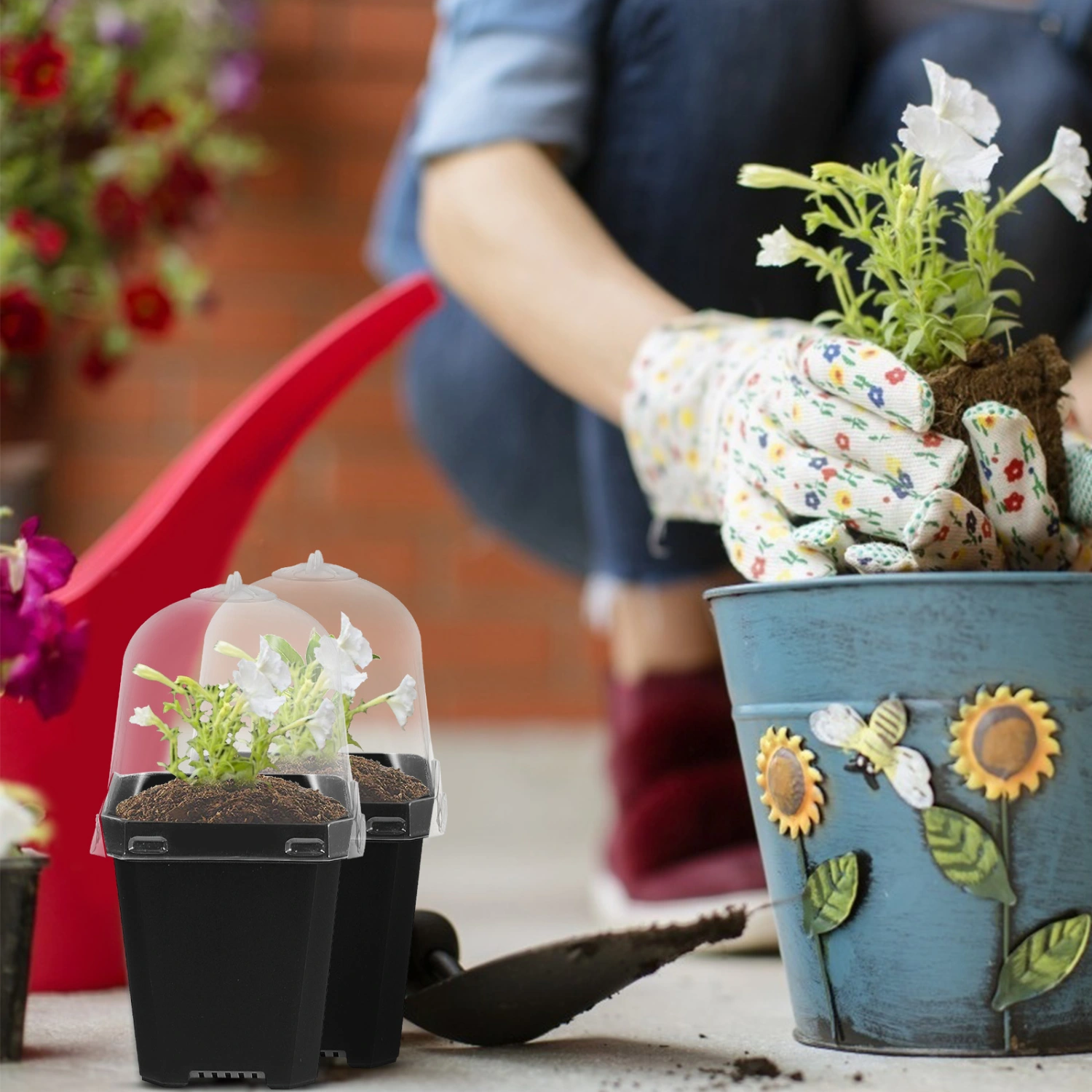 12 sets of Plant Nursery Pots with Humidity Dome Outdoor Plastic Gardening Pots