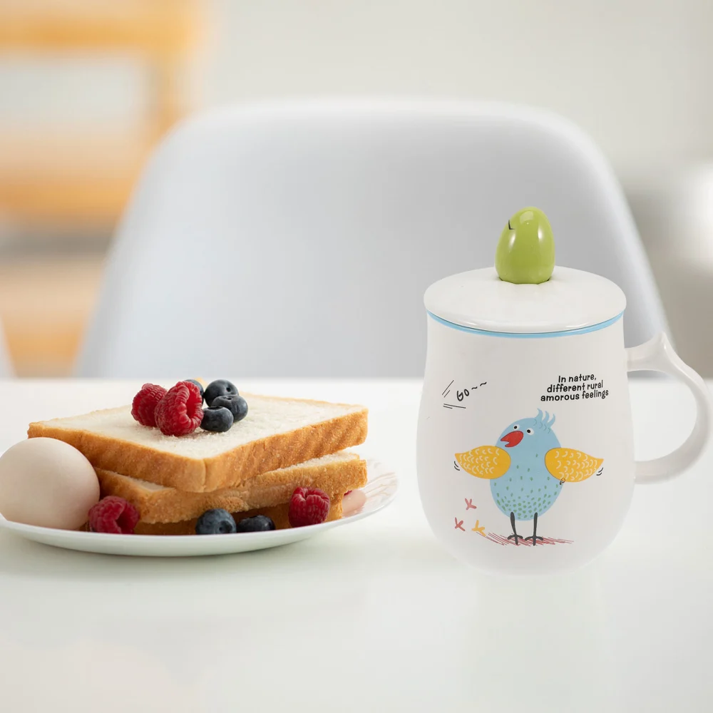 Ceramic Cup Mug Multi Use Drink Container Beverage Chicken Pattern Cup with Lid(500ml)