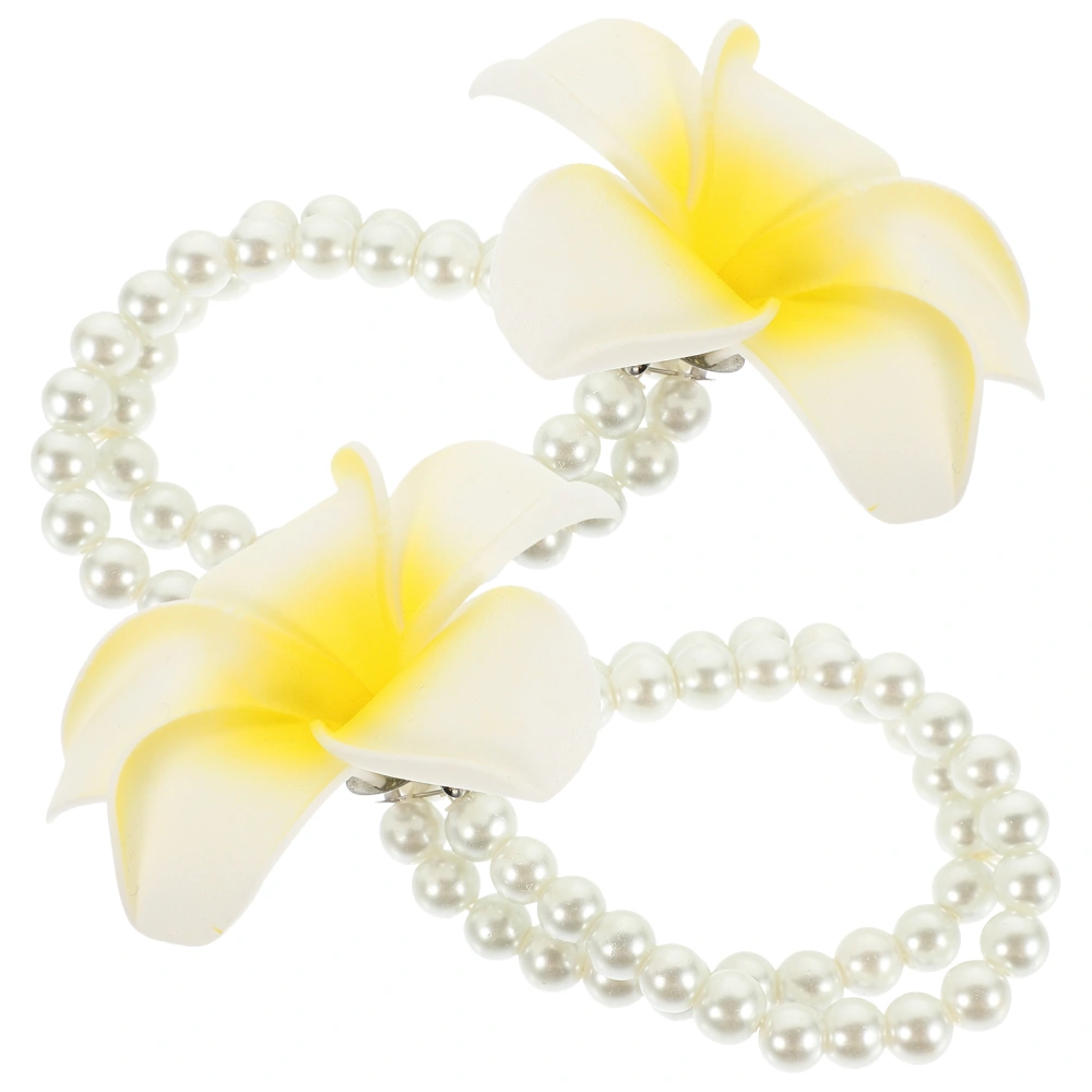 2pcs Hawaiian Party Artificial Pearl Bracelet Plumeria Bracelet Pearl Chain Wrist Flower Decoration