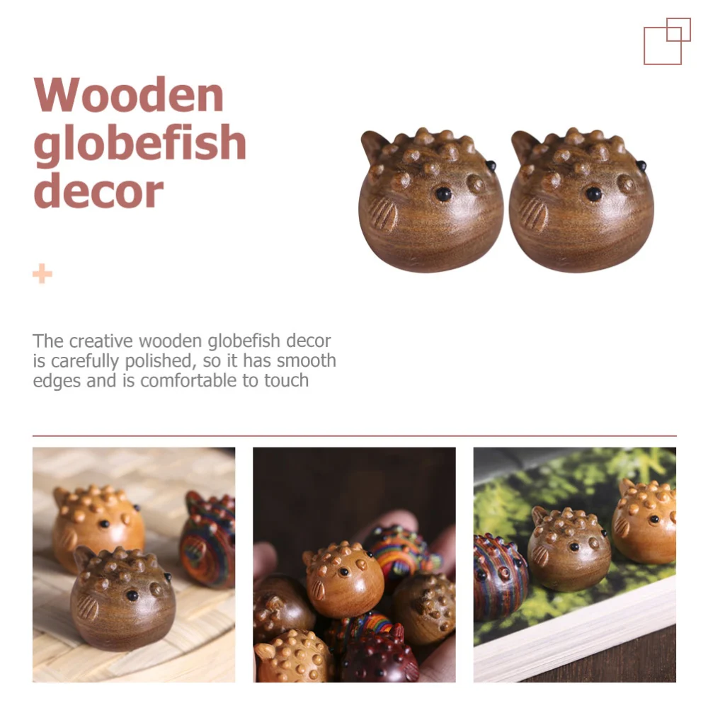 2pcs Simple Style Wooden Globefish Ornament Chic Wood Fish Shaped Adornment For Home