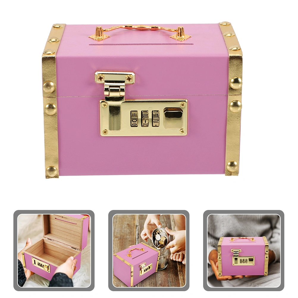 Wooden Piggy Bank Vintage Treasure Storage Box Coin Change Holder with Coded Lock