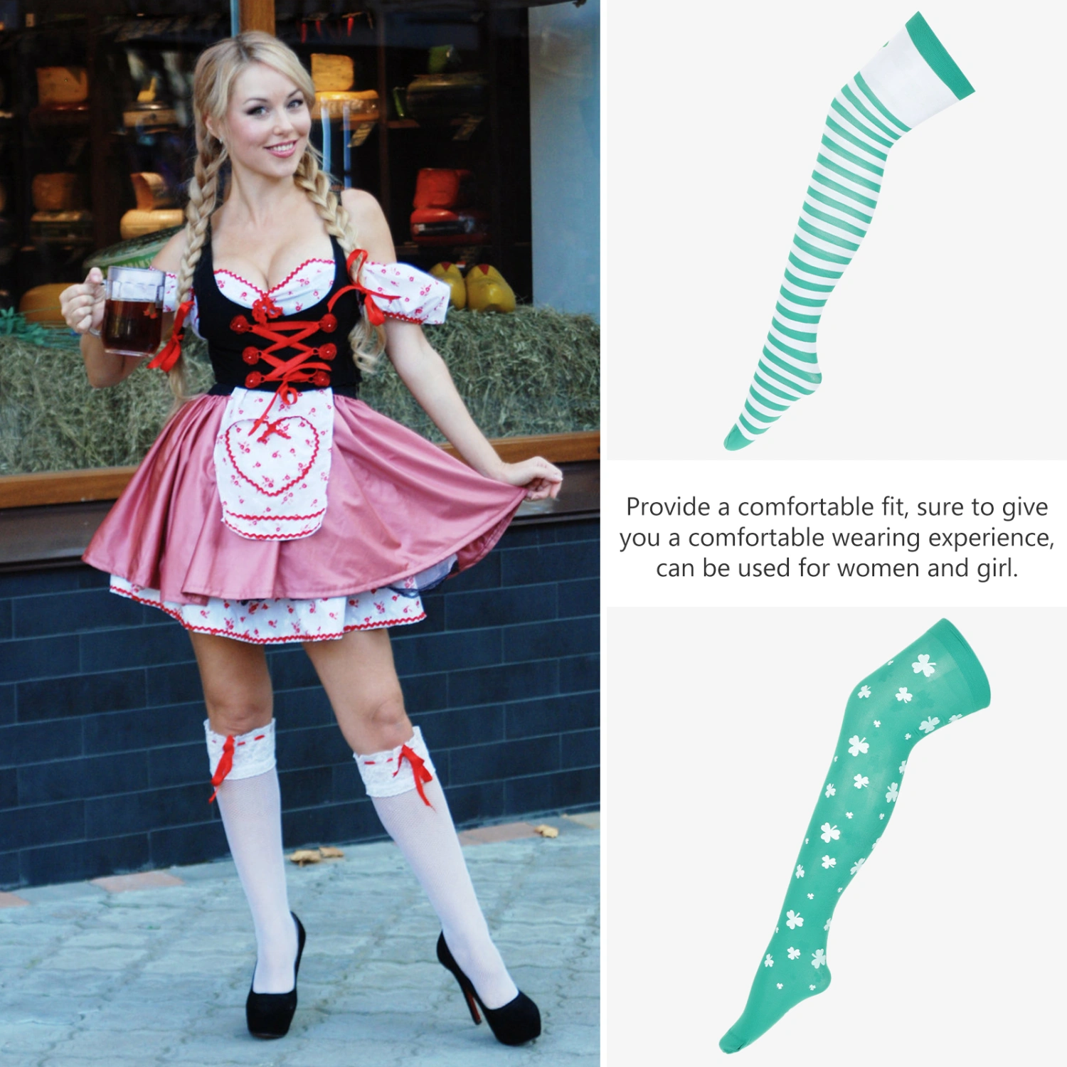 3 Pairs St. Patrick Day Knee Thigh High Socks Shamrock Long Thigh High Socks