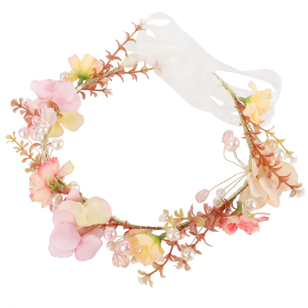 Wedding Headband Floral Crown Headband Flower Pearl Bridal Headband with Ribbon