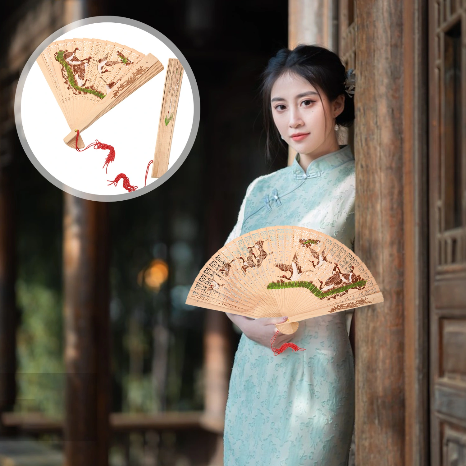 2pcs Wooden Fans Party Decorative Folding Fan Women Stage Performance Fan
