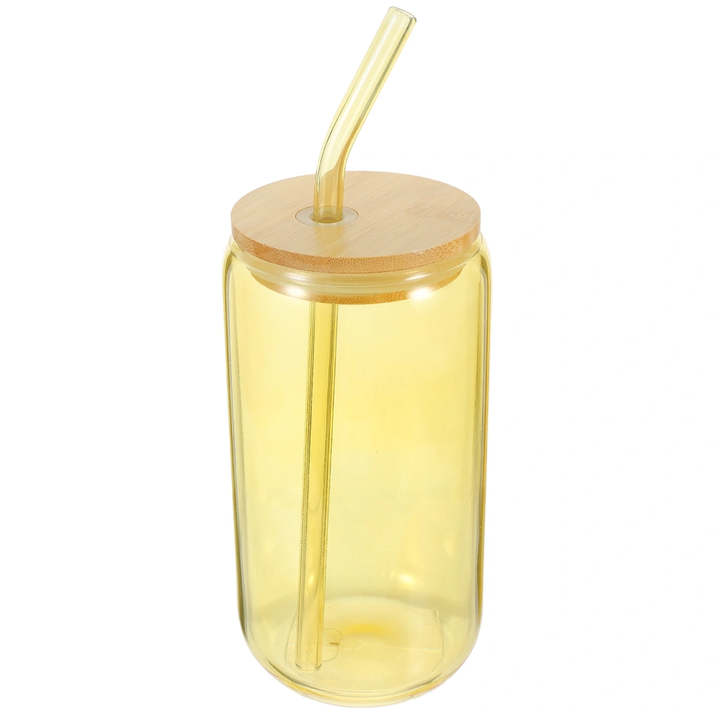 1 Set Glass Water Cup with Straw Coffee Cup Transparent Juice Cup Can Shaped Glass Cup