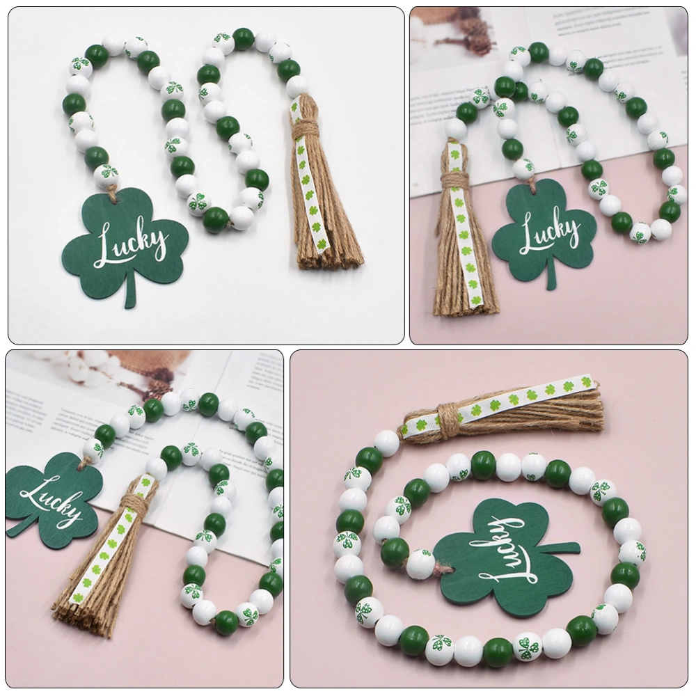 St Patrick's Day Wood Beads Garland with Tassels Hanging Shamrock Decoration