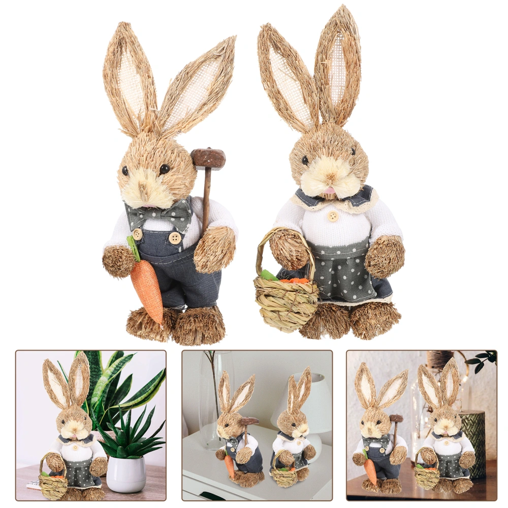 2pcs Hand Woven Bunny Statues Straw Woven Rabbit Figurines Garden Decorations