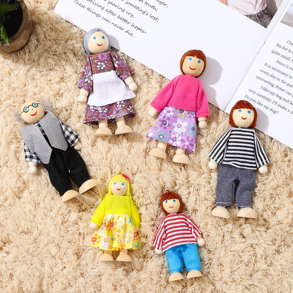 6 Pcs Doll House Figures Family Member Dolls Wooden Puppet Toys  for Toddler Kids Children