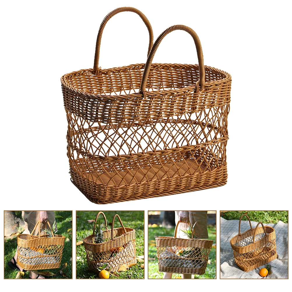Portable Camping Use Basket Imitation Rattan Woven Basket Picnic Food Storage Basket