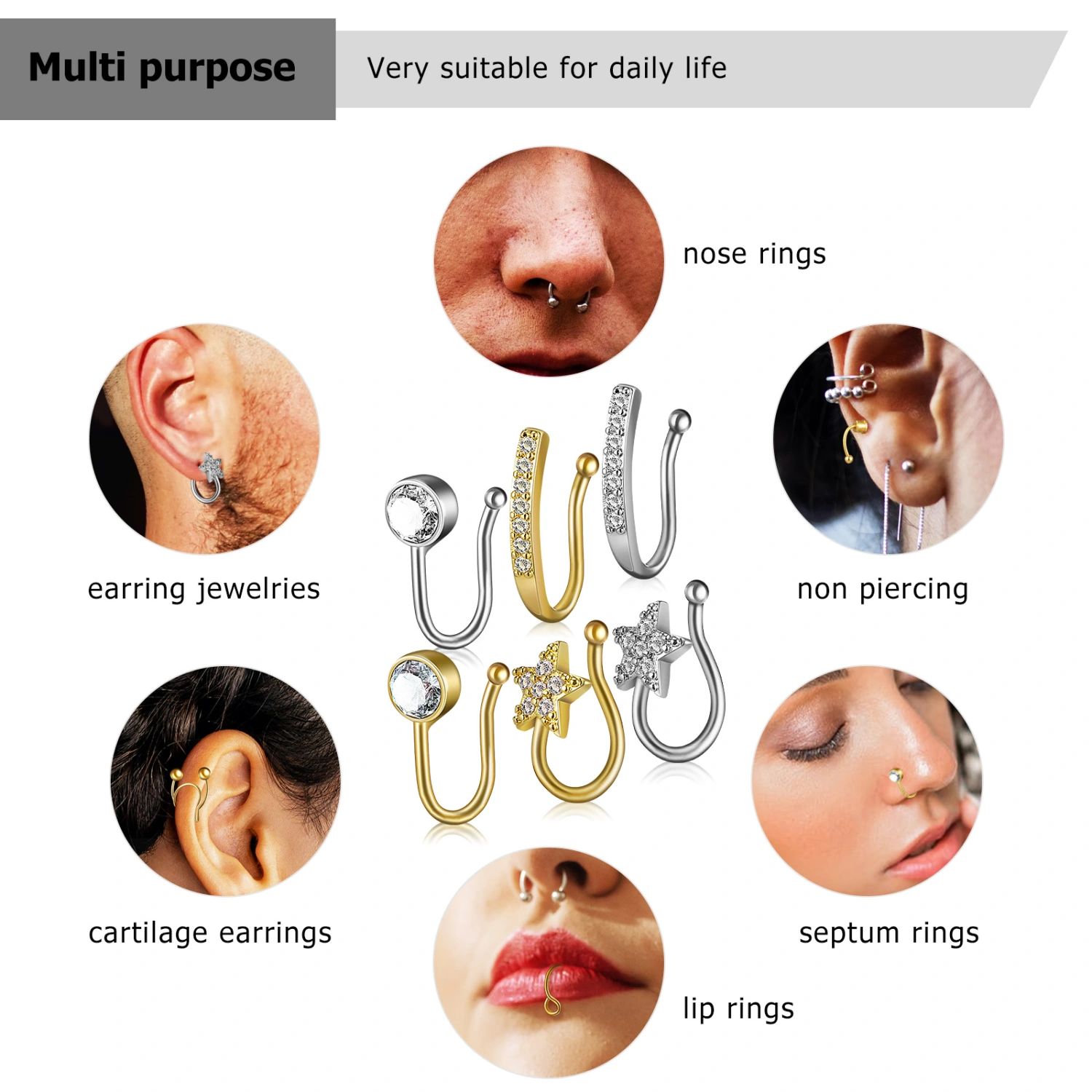 16 Pcs Faux Fake Nose Studs Rings Nose Septum Piercing Nose Hoop Rings Non Piercing Jewelry