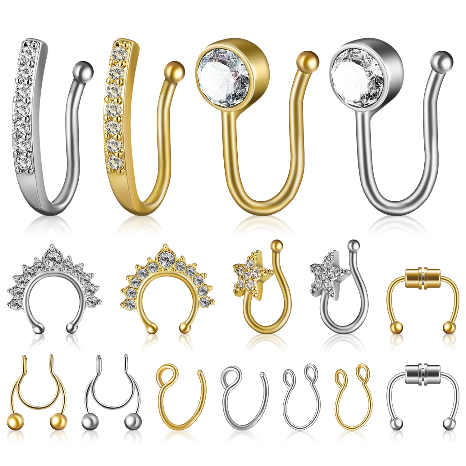 16 Pcs Faux Fake Nose Studs Rings Nose Septum Piercing Nose Hoop Rings Non Piercing Jewelry