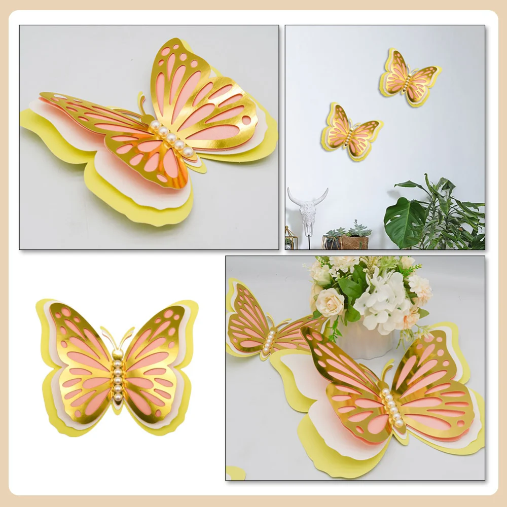 3D Butterflies Sticker Wall Adhesive Butterflies Decal Wedding Decoration with Pearl