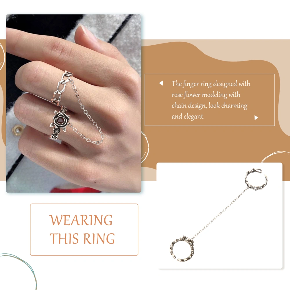 Rose Ring with Chain Vintage Finger Ring Decorative Ring Fashion Jewelry for Women