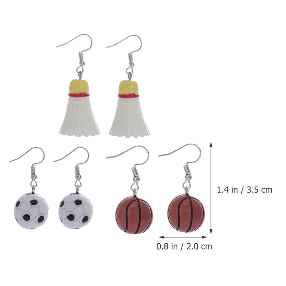 3 Pairs of Sports Ear Pendant Resin Ear Dangle Adorable Sports Balls Earrings Sports Ear Decor