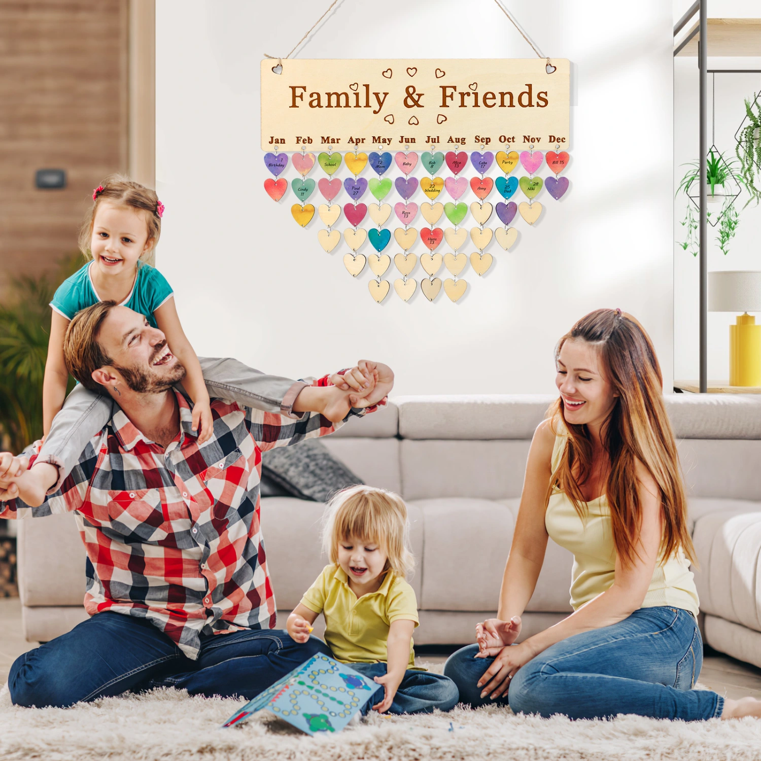 Wooden Family Birthday Reminder Calendar Wall Hanging Wood Board Reminder Plaque with Tags Home Decoration