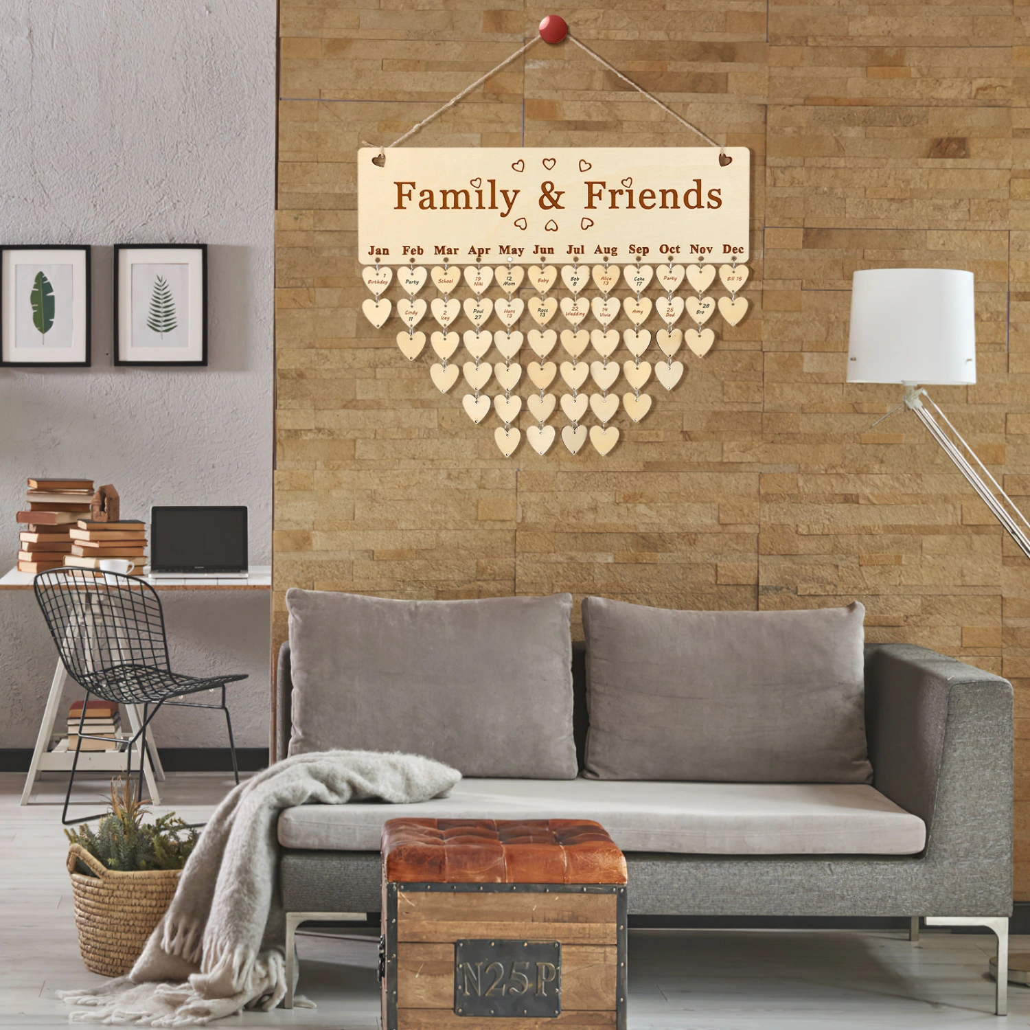 Wooden Family Birthday Reminder Calendar Wall Hanging Wood Board Reminder Plaque with Tags Home Decoration