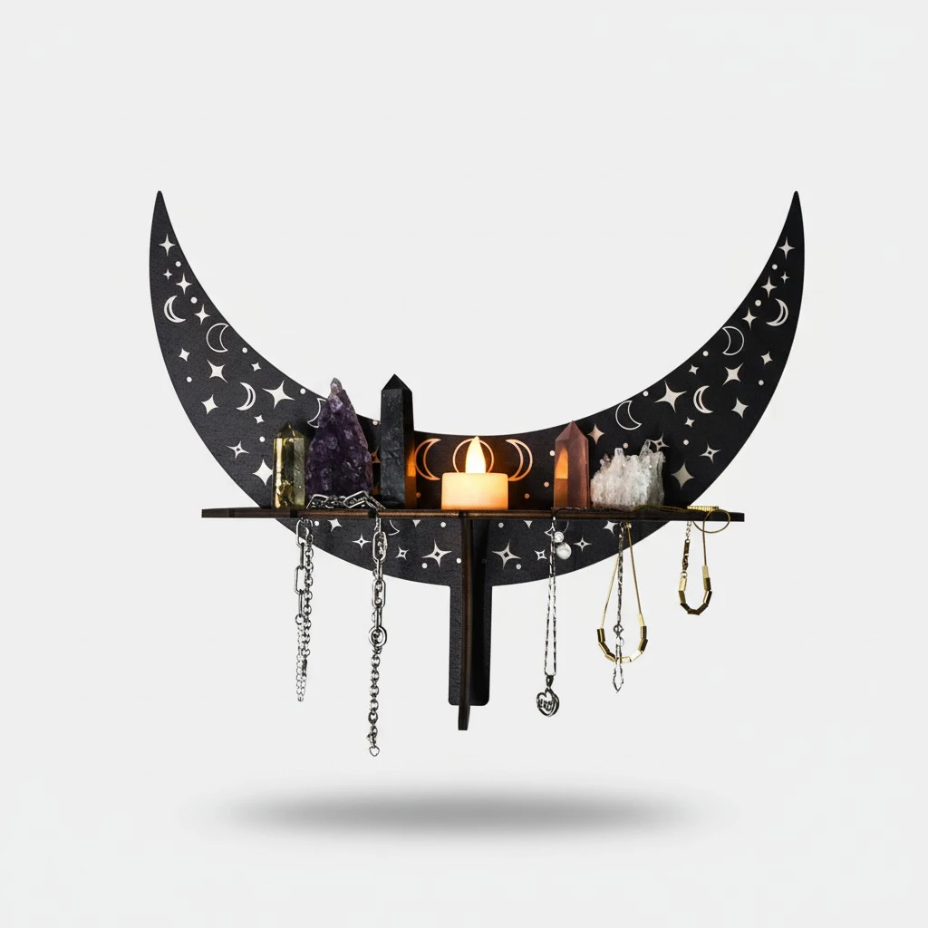 Moon Wall Display Rack Wood Moon Crystal Display Shelf Wall Mounted Rack