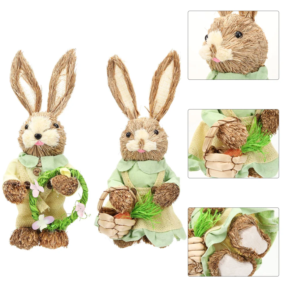 2pcs Easter Straw Woven Bunny Figurines Bunny Statues Rabbit Bunny Decorations Home Decor Random Style