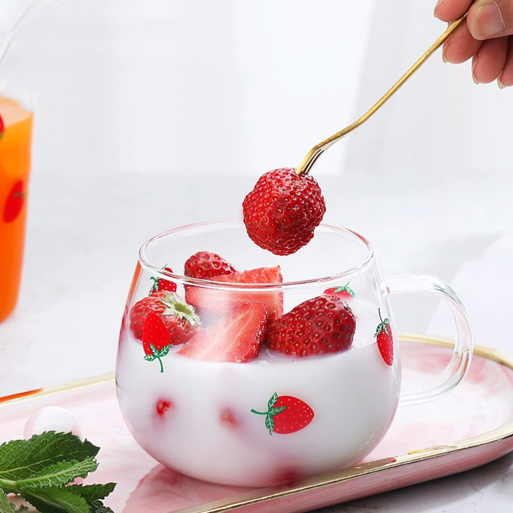 Glass Milk Cup Oatmeal Cup Decorative Milk Cup Glass Porridge Bowl Strawberry Pattern Coffee Cup