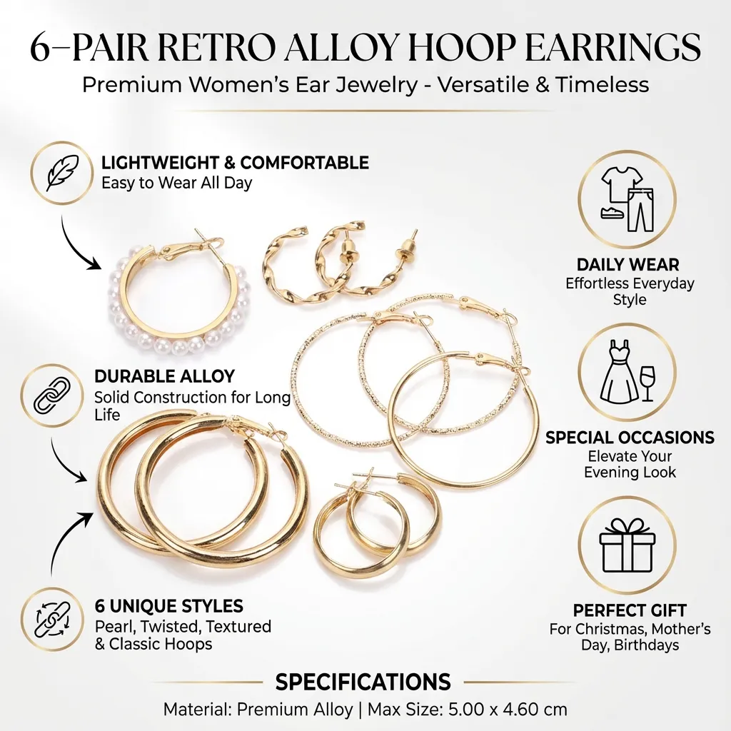 6 Pairs Hoops Earrings Alloy Round Earring Hoops Retro Women Ear Jewelry