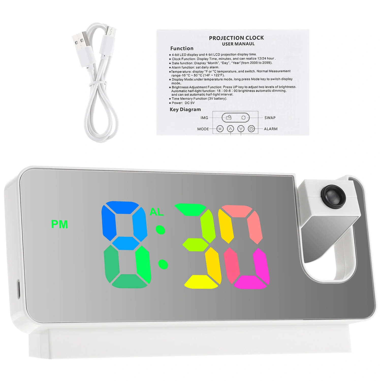 Projection Alarm Clock Led Digital Clock Projection on Ceiling Wall Temperature Date Display Bedside Clock for Bedroom White