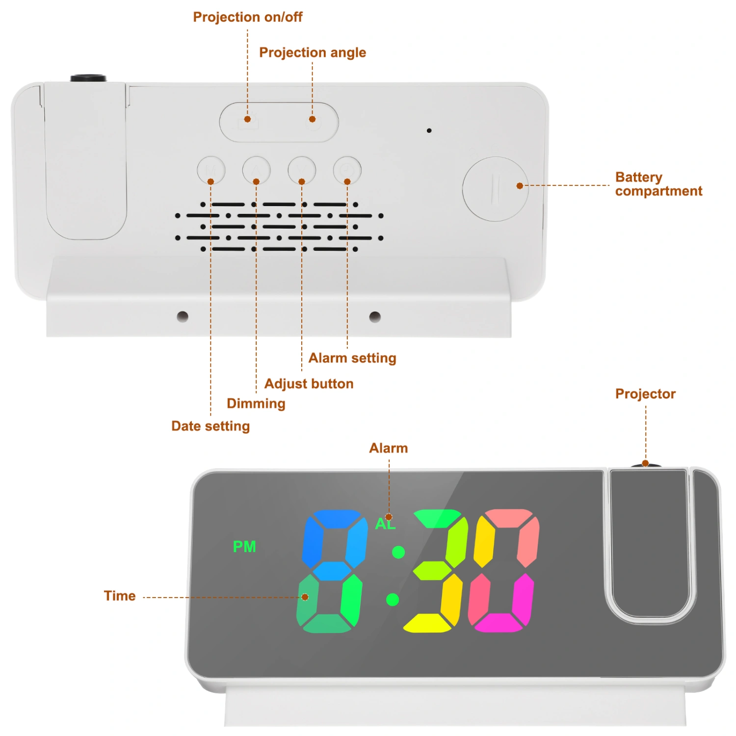 Projection Alarm Clock Led Digital Clock Projection on Ceiling Wall Temperature Date Display Bedside Clock for Bedroom White
