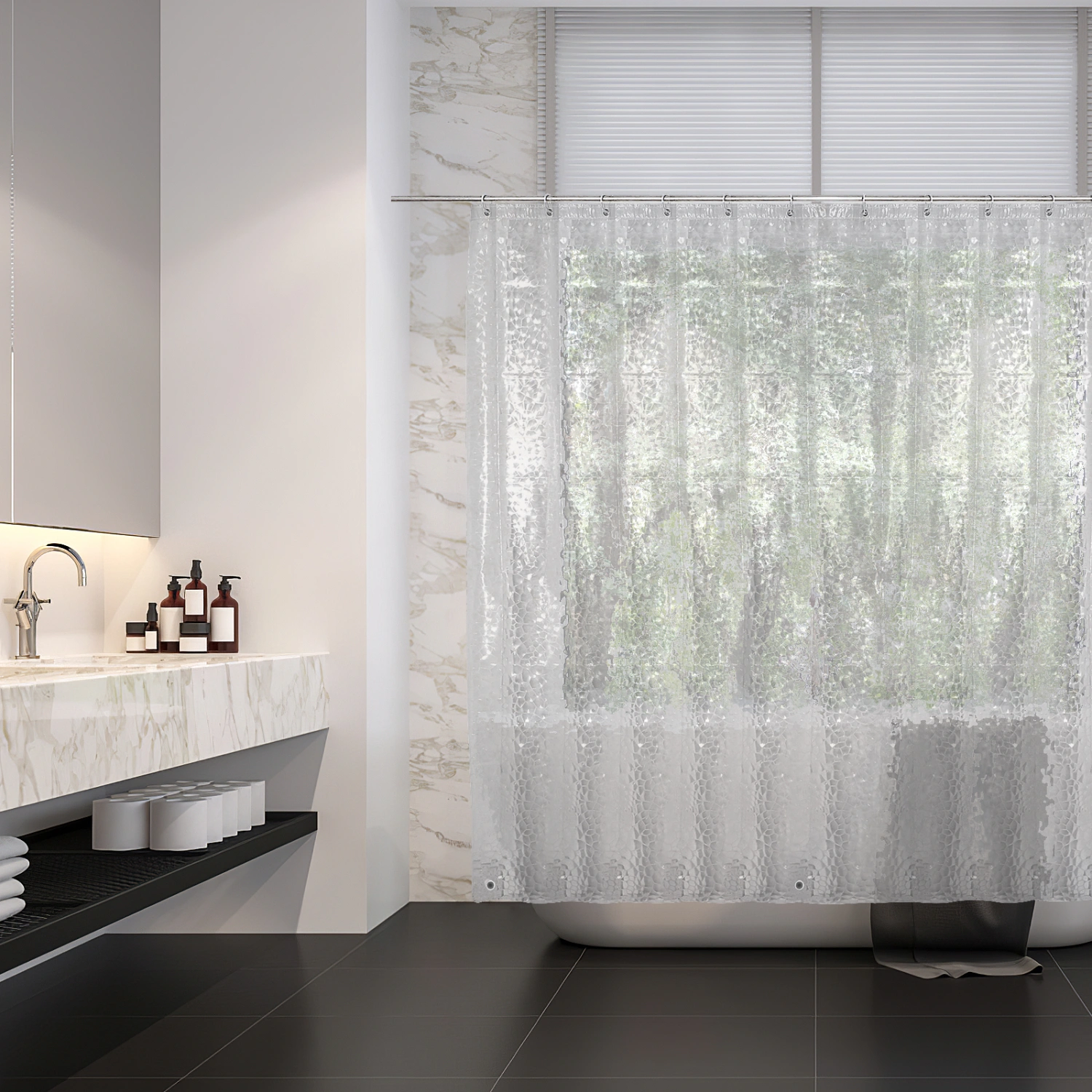 Shower Curtain EVA Bathing Curtain Bathroom Shower Curtain Liner Metal Grommet Holes with 12 Plastic Hooks