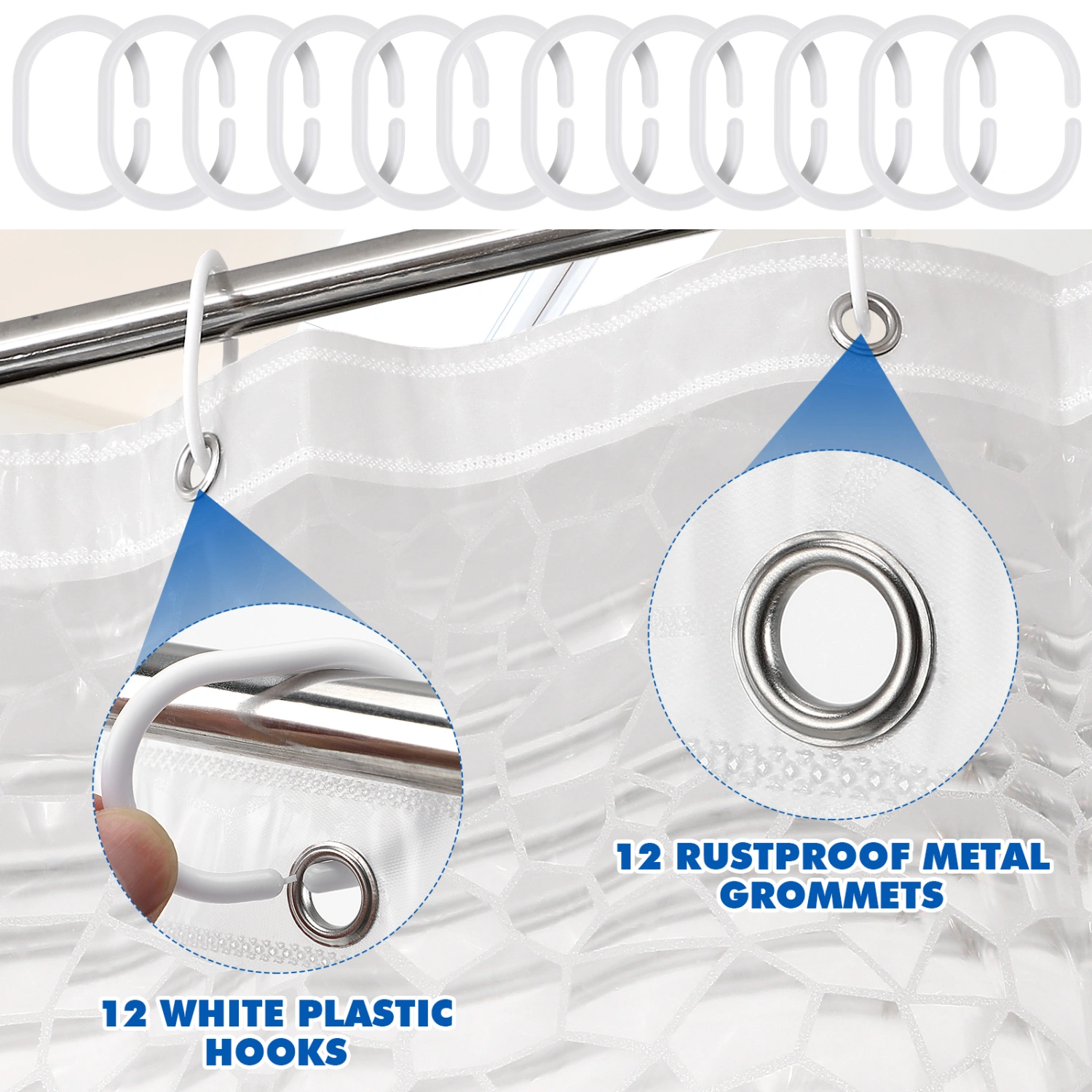Shower Curtain EVA Bathing Curtain Bathroom Shower Curtain Liner Metal Grommet Holes with 12 Plastic Hooks