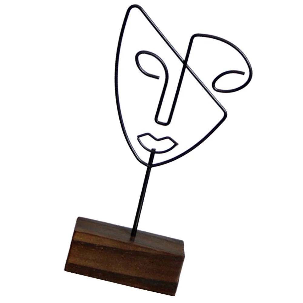 Abstract Character Art Ornament Desktop Metal Face Line Craft with Wooden Base