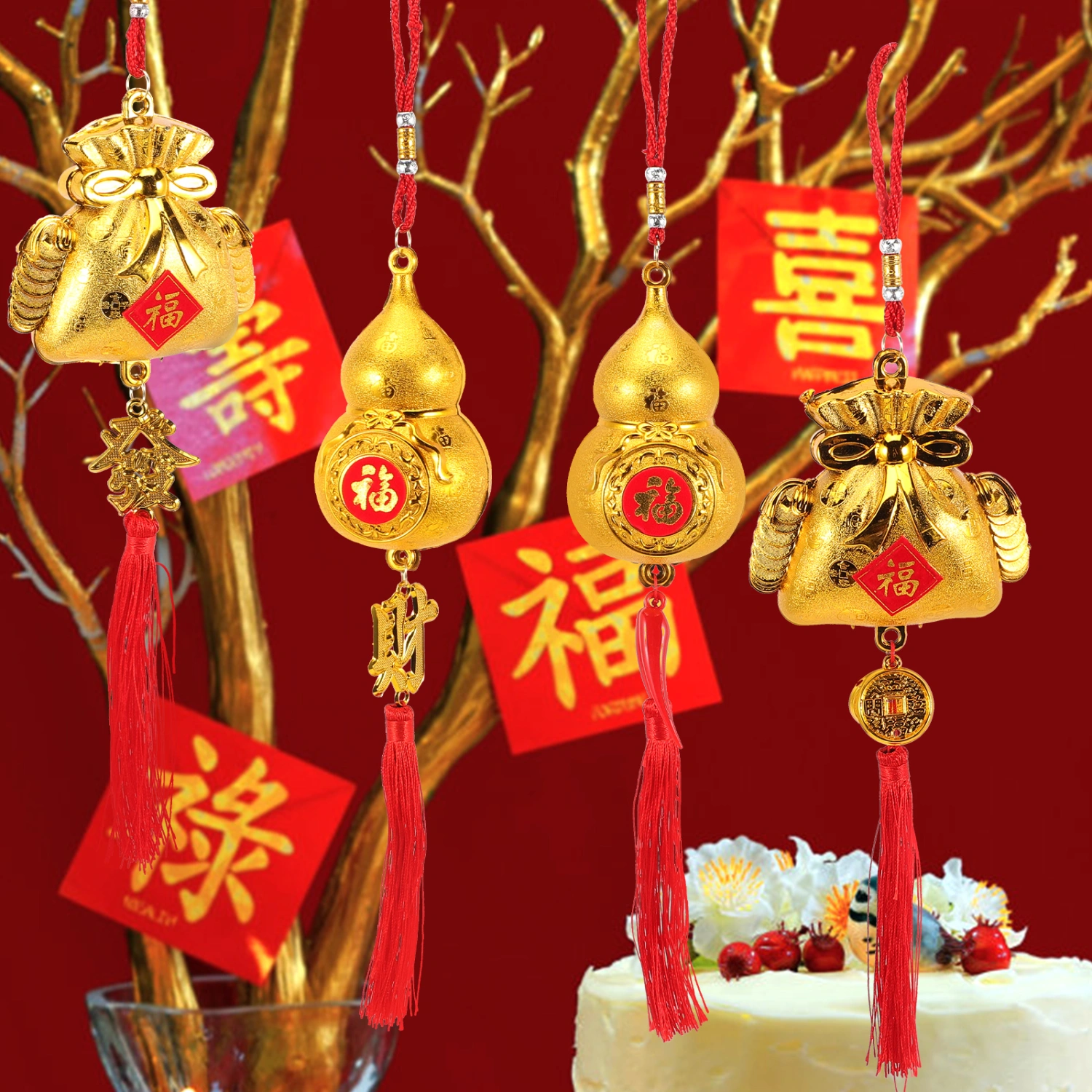 4pcs Spring Festival Pendants Hanging Decor Chinese Style Potted Plants Decoration