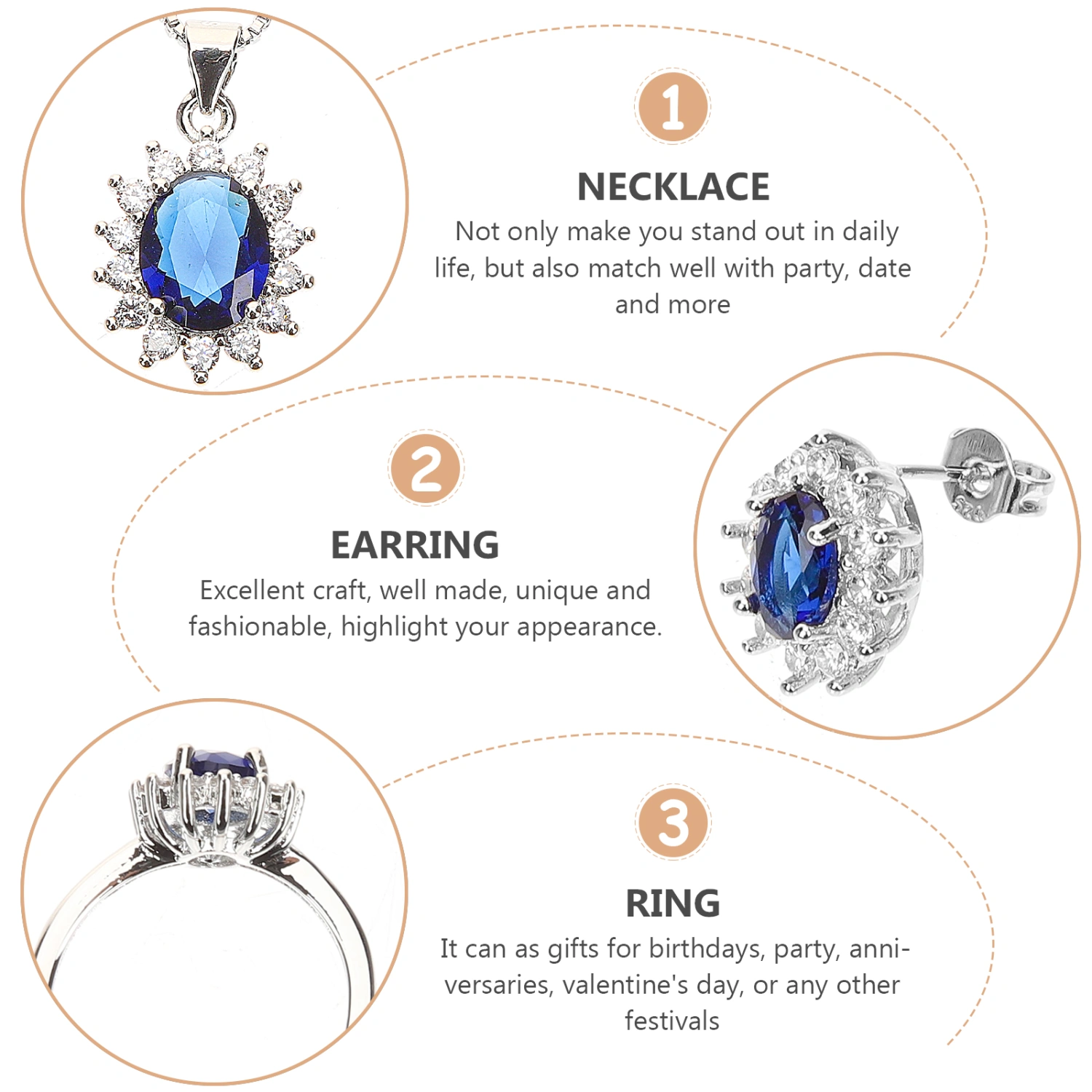 1 Set Gemstone Wedding Jewelries Fashion Crystal Pendant Necklace Earrings Ring