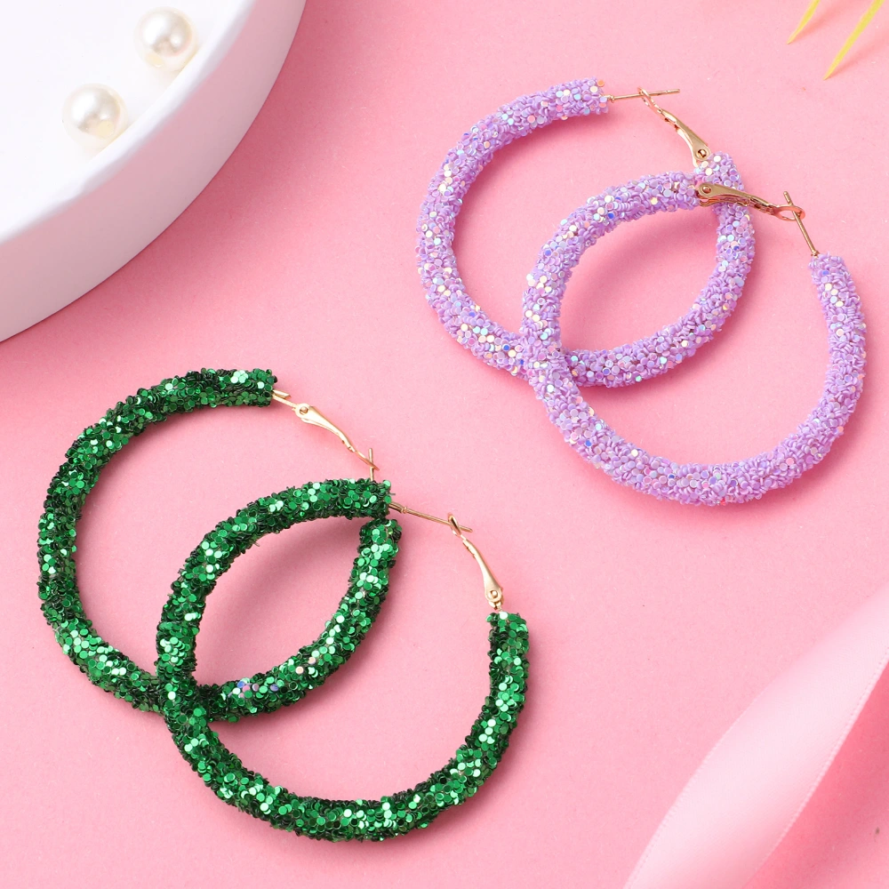 2 Pairs of Bohemian Glitter Circle Earrings Circle Statement Sequins Sparkly Hoop Earrings Exaggerated Ear Drops