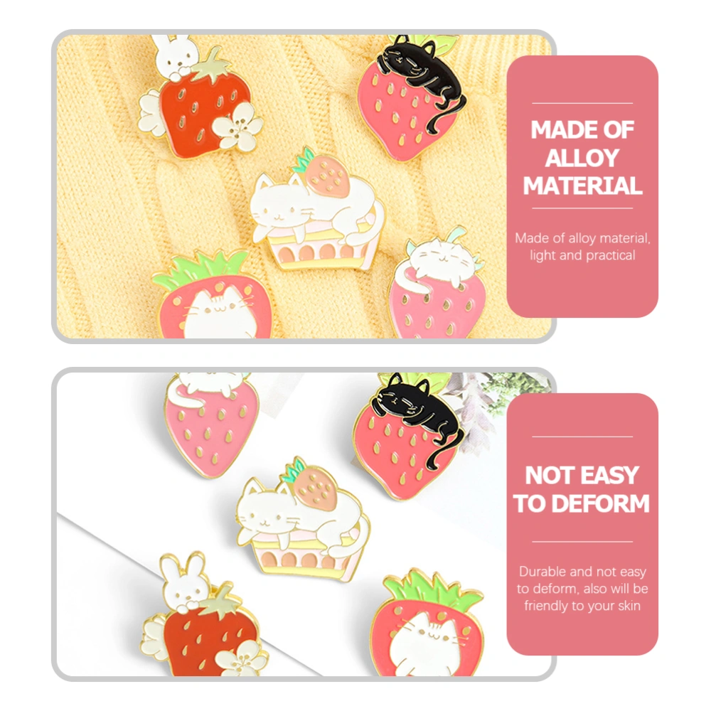 5pcs Lovely Cartoon Strawberry Brooch Creative Kitten Pattern Clothes Lapel Pin