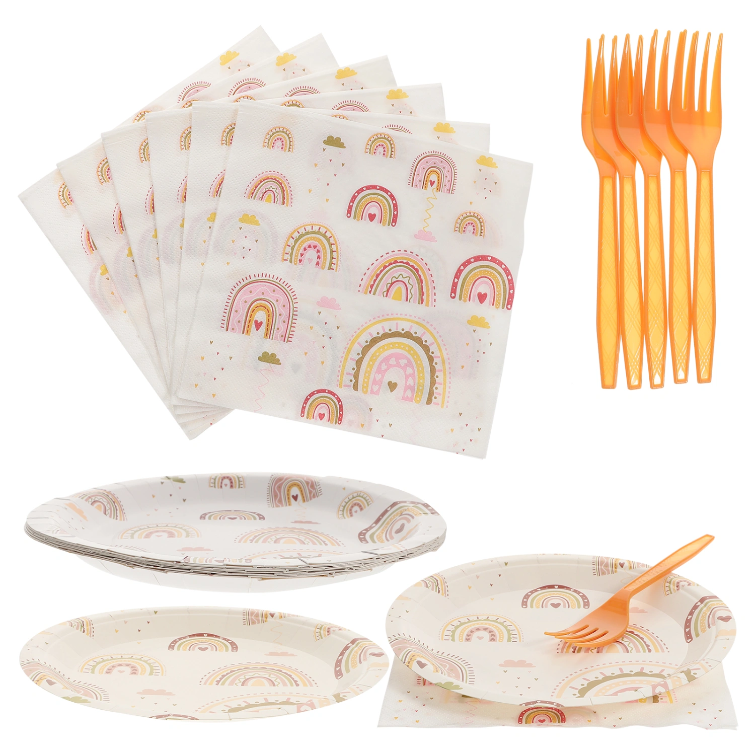 1 Set Rainbow Theme Party Tableware Rainbow Theme Paper Plates Paper Napkins with Forks