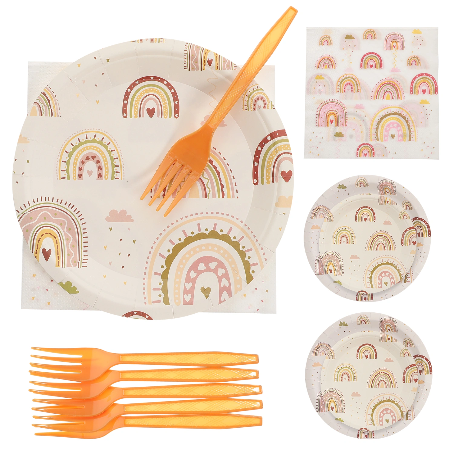 1 Set Rainbow Theme Party Tableware Rainbow Theme Paper Plates Paper Napkins with Forks